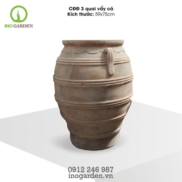 Chậu gốm trồng cây đất nung dáng Bình 3 quai vảy cá