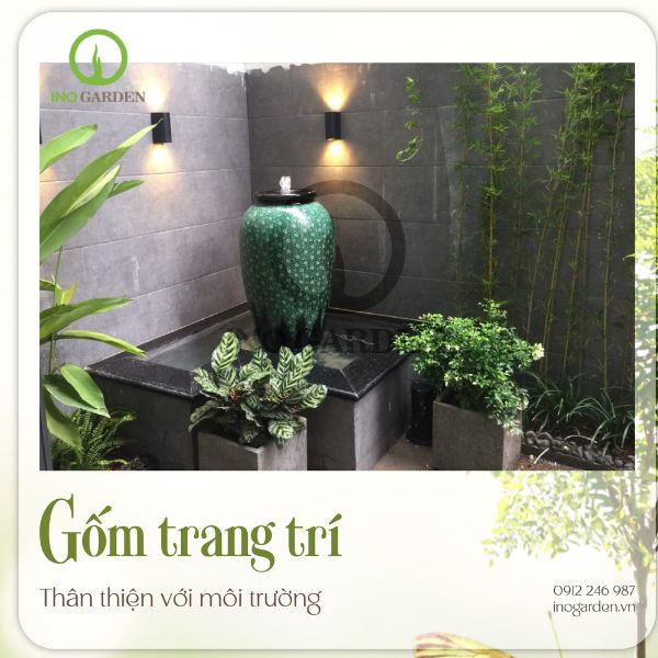 bình gốm trang trí, tạo điểm nhấn cho sân vườn